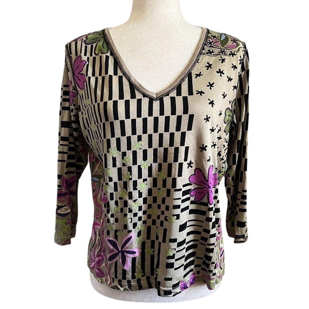 Artistic Floral Lynn Ritchie V-Neck 3/4 Sleeve Top Size L Retro Funk Silk Cotton